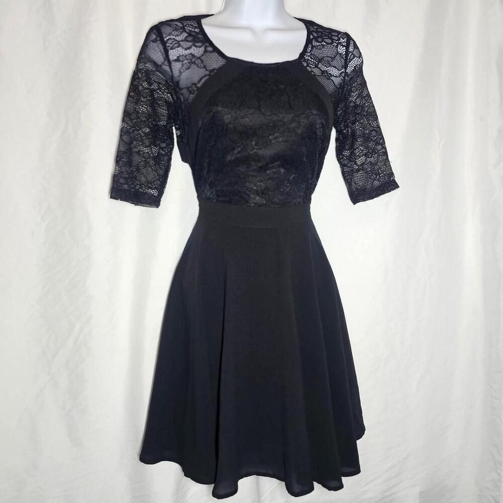 black lace open back half sleeve a-line mini dress